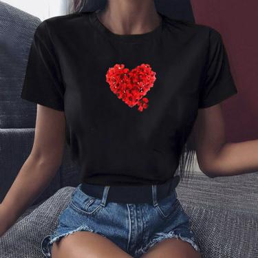 Imagem de Camiseta feminina blusa tumblr algodao coraçao de flores vermelho