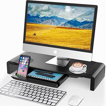Imagem de Suporte para monitor da AboveTEK, suporte dobrável para monitor de computador, prateleira de mesa com gaveta de armazenamento, suporte para telefone para computador, desktop, laptop, economiza espaço (preto)