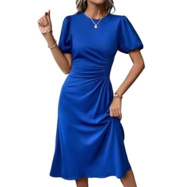 Imagem de Camisa Feminina Solid Ruched Puff Sleeve A-line Dress (Color : Royal Blue, Size : L)