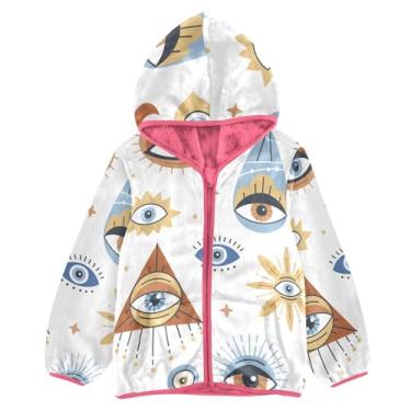 Imagem de KLL Geométrico olho turco jaqueta sherpa branca bebê menino menino vestido casaco rosa bebê menina zíper moletom com capuz 3T, Geométrico, olho turco, branco, 3 Anos
