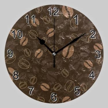 Imagem de CHIFIGNO Relógios de parede redondos marrom escuro em grão de café, relógios de parede decorativos operados por bateria relógios de parede escolares escritório casa decorativos