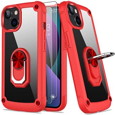 Imagem de AUPAI Capa para iPhone 13 com protetor de tela, capa para iPhone 14 transparente anti-amarelo capa protetora de acrílico resistente com suporte magnético para Apple iPhone 13/iPhone 14, vermelha