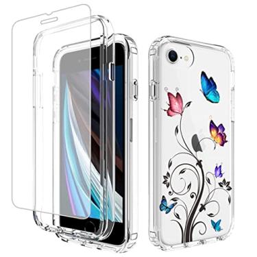 Imagem de Ueokeird Capa para iPhone SE 2022/SE 3 2022/SE 2020/iPhone 7/iPhone 8 com protetor de tela de vidro temperado, linda capa protetora de corpo inteiro borboleta transparente para iPhone 8 (árvore