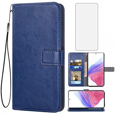 Imagem de Capa carteira compatível com Samsung Galaxy A53 5G 2022, protetor de tela de vidro temperado e suporte de cartão de couro para celular Gaxaly A53 G5 Galaxies 53A SM A536U feminino masculino azul