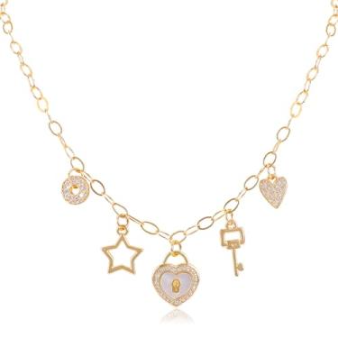 Imagem de Colar com pingente de ouro para mulheres adolescentes e meninas banhado a ouro com pingente bonito CZ Love Heat Lock Key Star Trevo Cruz Pingente Ajustável Colar moderno Y2K Joias de festa presente