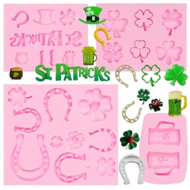 Imagem de 4 peças de moldes de fondant do dia de São Patrício, moldes de silicone para barba de cerveja, trevo de quatro folhas, molde de chocolate para decoração de bolo, topo de cupcake, resina de argila doce