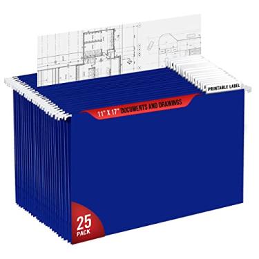 Imagem de Performore Pastas de arquivo suspensas de 28 x 43 cm, abas de plástico transparente ajustáveis de 1/5 (pacote com 25) Inclui ganchos de haste de metal branco, abas de etiquetas de plástico e cartões