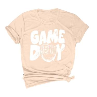 Imagem de Duobla Camiseta de beisebol feminina com estampa de dia do jogo, camisetas fofas de manga curta com estampa de letras, camisetas casuais de verão, Bege, G