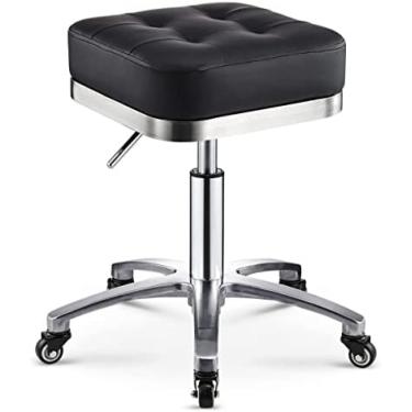 Imagem de Tamborete de rolamento giratório de altura ajustável redondo com 5 rodas e encosto Tamborete de bar giratório hidráulico de 360 ​​° para salão de beleza Cadeira de banco de balcão 43-58 cm,