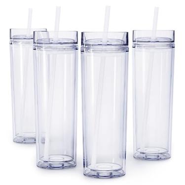 Imagem de Copos Maars Drinkware de acrílico com isolamento de parede dupla com palha e tampa, 473 ml (pacote com 4, transparente)