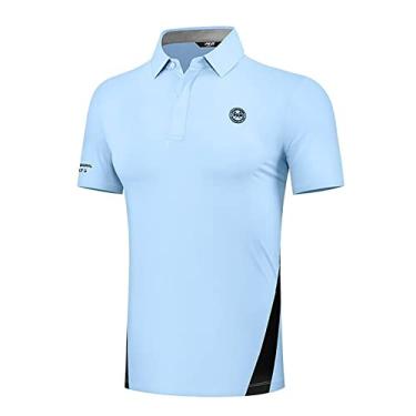 Imagem de Polo de golfe de verão masculino tops de manga curta respirável camiseta casual de secagem rápida patchwork camisetas elásticas jersey absorvente de umidade, azul, G (peito: 104 cm)