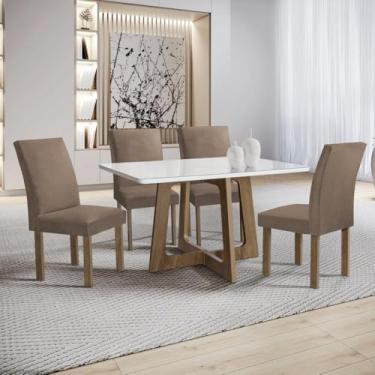 Imagem de Conjunto Mesa Arizona 120cm com 4 Cadeiras Canela Tampo Smart Plus com Vidro Chocolate/off White/bege Escuro