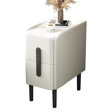 Imagem de Mesa lateral estreita com 2 gavetas | Mesa de cabeceira fina Mesa de sofá moderna para decoração de casa | Mesa de cabeceira moderna de meados do século para espaços pequenos, branco sujo, 3