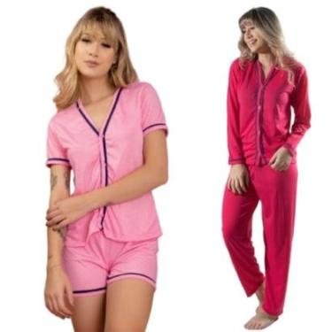 Imagem de Combo Pijamas Americanos Bloqueira Curto e Longo Bella Fiore Inverno Aberto Botão Linha Noite-Feminino