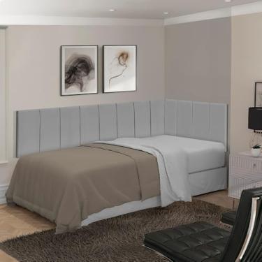 Imagem de Kit cabeceira Solteiro em L Cabeceira Painel Cama Box Almofadada Estofada Suede (Palha)