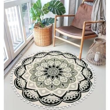 Imagem de Uphome Tapete redondo pequeno 3 pés preto Boho tapetes de banheiro com franja pompom antiderrapante lavável mandala círculo tapete de banho macio bonito boêmio para pia do quarto dormitório toucador