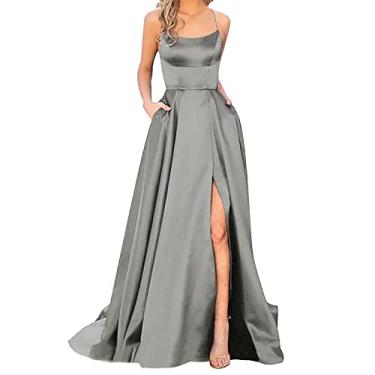 Imagem de Vestidos formais, costas nuas, alças longas, vestido colado ao corpo, elegante, vestido para sair à noite, vestido com fenda lateral, Cinza, M