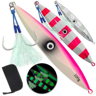 Imagem de FREGITO Jarros de pesca verticais de água salgada colher vertical para atum, pesca de atum, iscas artificiais para atum, garoupa, dente de cachorro, pargo, robalo, salmão, 3 peças - 100 g luminoso com