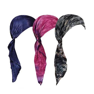 Imagem de DINPREY Lenço de cabeça larga pré amarrado para mulheres, turbante longo, bandanas para a cabeça, bandana, quimioterapia, bandana, Tie Dye 3 peças G, G