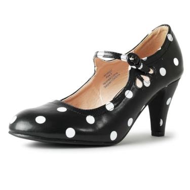 Imagem de J. Adams Sapato feminino Pixie Mary Jane Oxford – salto alto fofo gatinho baixo – sapatos retrô vintage para mulheres anos 1950 Mary Janes sapato de bico redondo com tira no tornozelo – sapatos