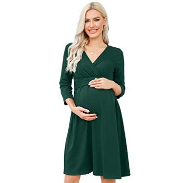 Imagem de FUNJULY Vestido de maternidade feminino casual com babados e gola V, manga curta, evasê, vestido midi para chá de bebê, Verde-escuro, P