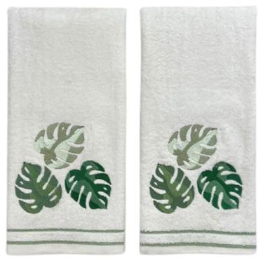 Imagem de Toalhas de mão de banheiro tropicais - Conjunto de 2 folhas de palmeira bordadas brancas 100% algodão - decoração de banheiro e cozinha 40 x 63 cm