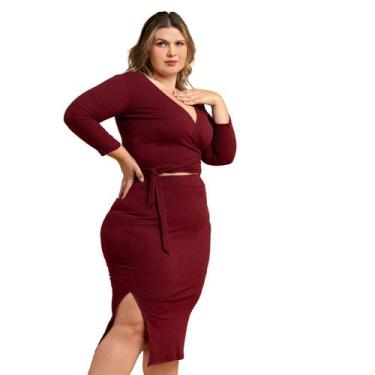 Imagem de Conjunto Feminino Plus Size Slim Transpassada Cropped Envelope Saia Mi