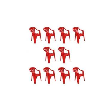 Imagem de Kit com 10 cadeira de plástico bela vista - vermelha - com braço - mor