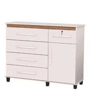 Imagem de Cômoda 5 Gavetas Com Fechadura em Aço e Sapateira Cor Branco/Canelato 