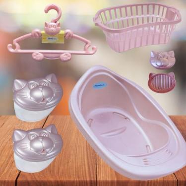 Imagem de Cabide 6 pç bebe banheira 22 l cesto telado de roupa lixeira - Plastbr
