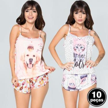 Imagem de Kit 10 Baby Dolls Curto Estampado Short Regata Pijama Alça - WLS Modas