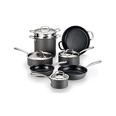 Imagem de Lagostina Nera Hard Anodized Antiaderente Conjunto de 12 peças com tampas de aço inoxidável martelado, pode ser lavado na lava-louças, cinza