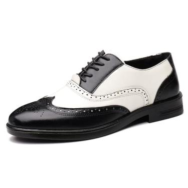 Imagem de Sapato social masculino de dois tons brogue Oxfords Fashion costurado à mão sapato social bico redondo cadarço cano baixo negócios formal Derby sapatos, Preto, 38