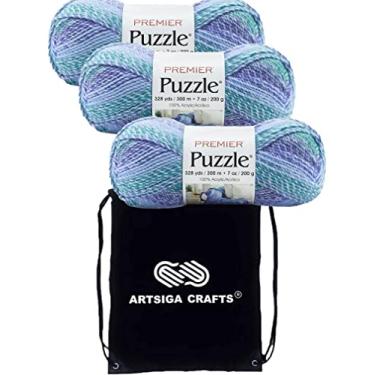 Imagem de Premier Yarns Puzzle Tangram 1050-11 (3 novelos) mesmo Dyelot Chunky Bulky #5 Fio de tricô macio, pacote 100% acrílico com 1 bolsa preta