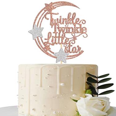 Imagem de Topo de bolo Twinkle Twinkle Little Star, topo de bolo de chá de bebê lua e estrela de ouro rosa, suprimentos de festa de revelação de gênero, decorações de festa de primeiro aniversário de bebê