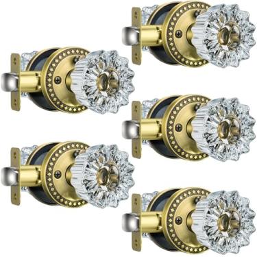 Imagem de Calzibeno Maçanetas de porta de latão de vidro, pacote com 5 maçanetas de vidro interior com trava para uso de privacidade, maçanetas de porta de cristal de latão antigo interior para quarto de banho,