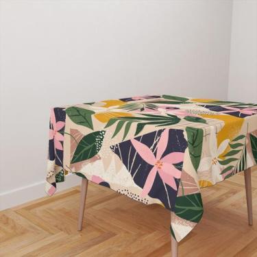 Imagem de Toalha De Mesa Quadrada 4 Lugares Tecido Oxford Flores e Folhas Colori