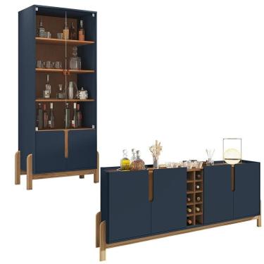 Imagem de Aparador Buffet 190 Com Cristaleira Lizz Pés Madeira Maciça Azul Cobalto/cedro