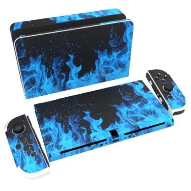 Imagem de PlayVital Conjunto completo de adesivos de proteção para Nintendo Switch OLED, capas de decalque de vinil personalizadas para console Switch OLED e Joycon e Dock & Grip - Chama azul