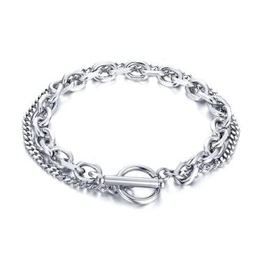 Imagem de Rockyu Pulseira masculina simples, prata, 2 fileiras, corrente Kihei, aço inoxidável, hipoalergênico, festa, presente de Dia dos Pais (17,8 cm), ワンサイズ, Aço inoxidável prateado