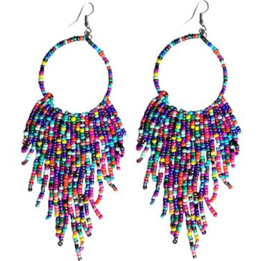 Imagem de Brincos tribais pendentes de franja com borla e argola estilo nativo americano da BOGZON (várias cores)