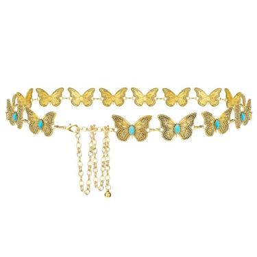 Imagem de Cinto feminino plus size, corrente de metal de pedra turquesa, corrente feminina, cintura de barriga, corrente extra longa, corrente grossa ajustável de 149 cm (estilo borboleta), XX-Large, Metal, Sem