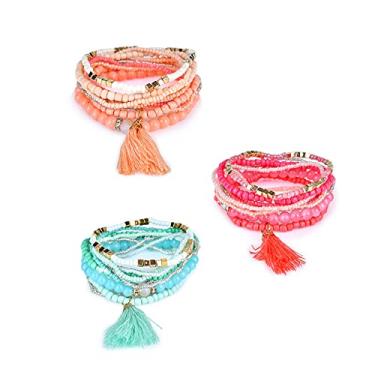 Imagem de Pacote com 3 pulseiras elásticas Boehmia com franjas multicoloridas boho franjas empilháveis conjunto de joias para mulheres e meninas, Metal, Miçangas
