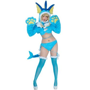 Imagem de Mobbunny Conjunto de lingerie feminina anime cosplay azul pata peluda roupa de casa luvas de pelúcia com capuz e sutiã calcinha com meias, Azul, M