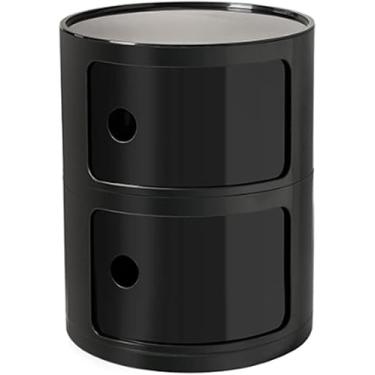 Imagem de Mesa de cabeceira redonda de plástico de 2/3/4 níveis de armazenamento com gavetas e porta deslizante armário de cabeceira moderno nórdico para quarto, preto, 30 x 40 cm