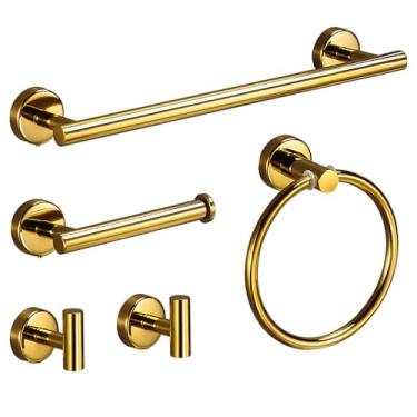 Imagem de Conjunto de acessórios para banheiro de ouro brilhante, barra de toalha de aço inoxidável 304, suporte para papel higiênico, gancho, kit de prateleira para banheiro, conjunto de 5 peças A