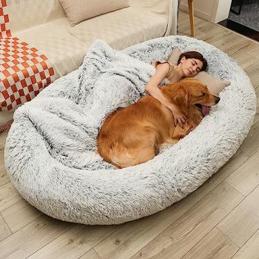 Imagem de DMTINTA Cama para cães humanos 180 cm x 114 cm x 35 cm Camas para cães grandes Cama de cachorro gigante tamanho humano para pessoas 3D esponja saco de feijão cama destacável cinza gradiente