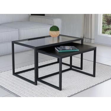 Imagem de Conjunto Mesa De Centro Industrial 65cm e 60cm Preto Duo Vidro e Madeira (Preto)