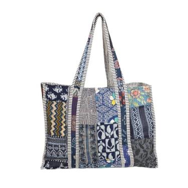 Imagem de Bolsa feminina de ombro de tecido acolchoado, boêmia, grande, vintage, boêmia, patchwork, floral, bolsa de viagem, 1 bolso interno, Azul, One Size