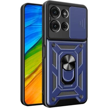 Imagem de Fofvccv Capa para Motorola Moto G75 5G com capa de lente de câmera deslizante e suporte de anel, capa protetora à prova de choque de corpo inteiro resistente militar para Moto G75 5G SJ azul